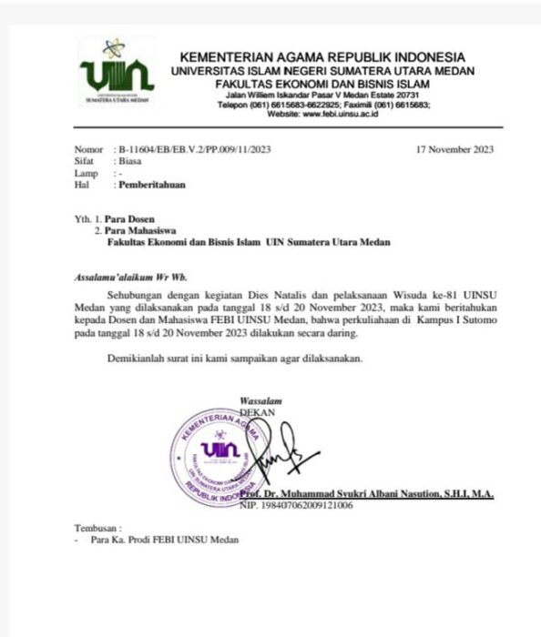 Dies Natalis UIN SU ke-50 Tahun, FEBI Berlakukan Perkuliahan Daring
