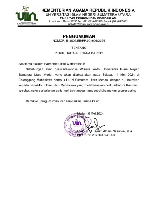 UIN SU Keluarkan SE Perkuliahan Daring FEBI Terkait Wisuda ke-82, Ini Tanggapan Mahasiswa